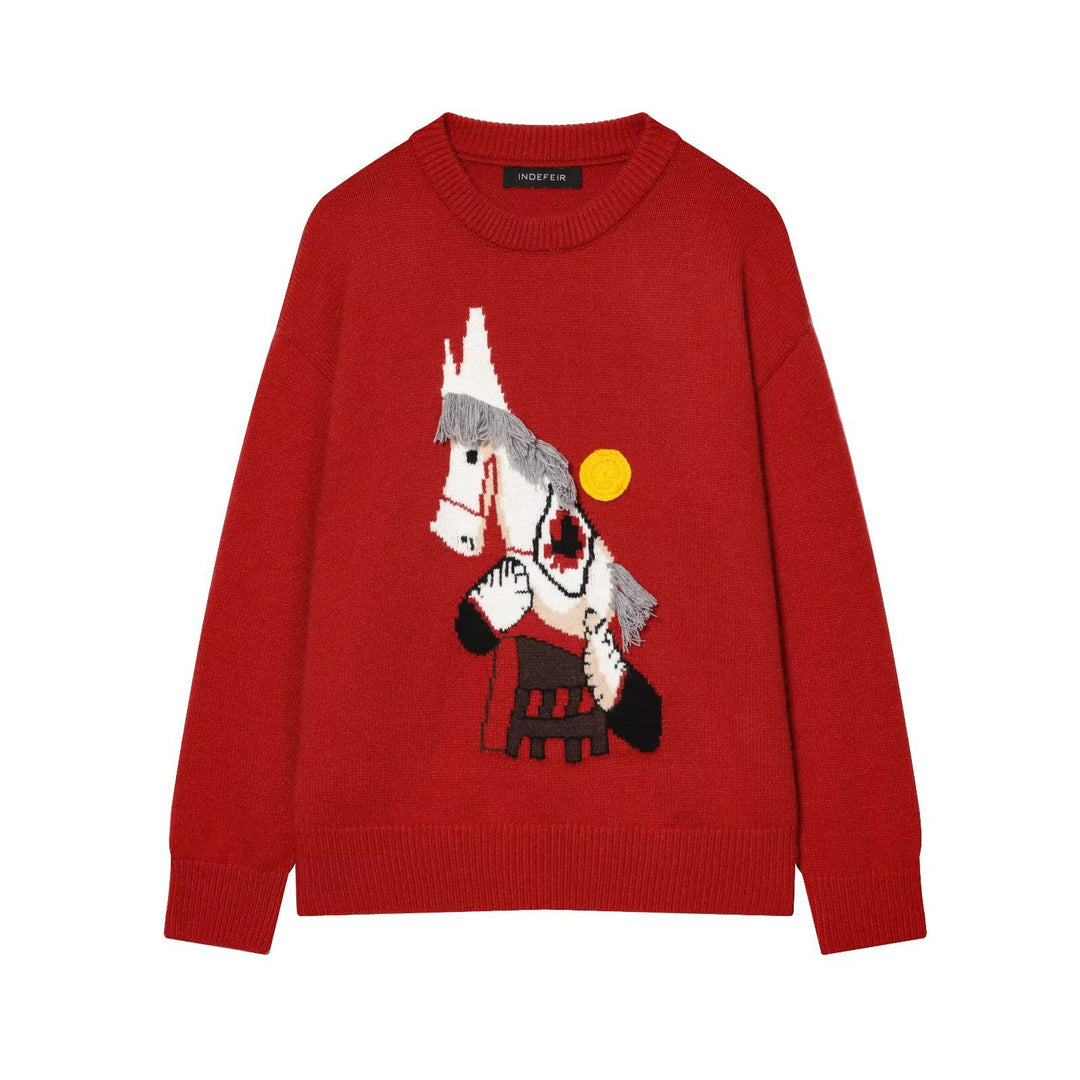 Women's knitted sweater with horse motif and fringe appliqué, oversized round neck Mune Fashion