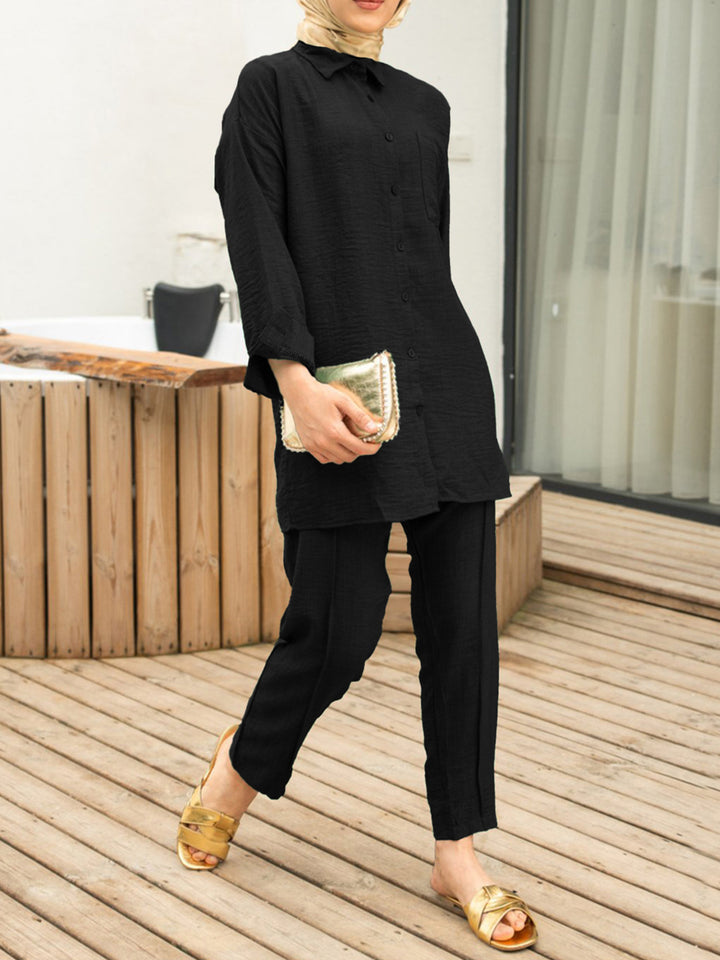 Women Long Tunic Shirt with Kent Collar and Continuous Button Placket Drune