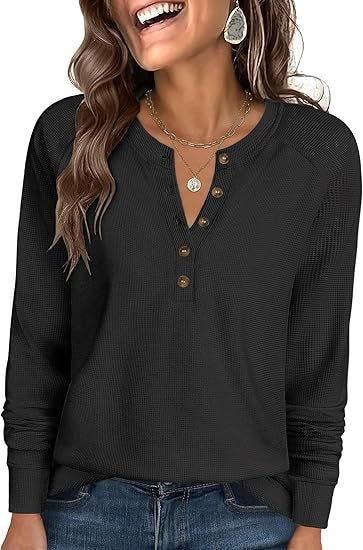 Ladies Waffle Knit Henley Long Sleeve with Button Placket, Raglan Sleeves and Ribbed Cuffs Mune Fashion