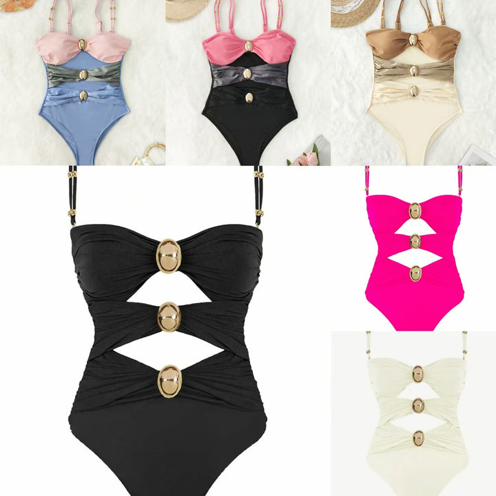 Women's one-piece swimsuit with intricate cut-outs and decorative metal accents Mune Fashion