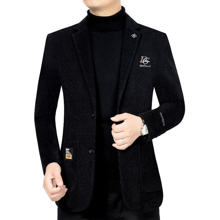 Men's Boucle Blazer with Contrasting Satin Lining and Chest Embroidery Mune Fashion
