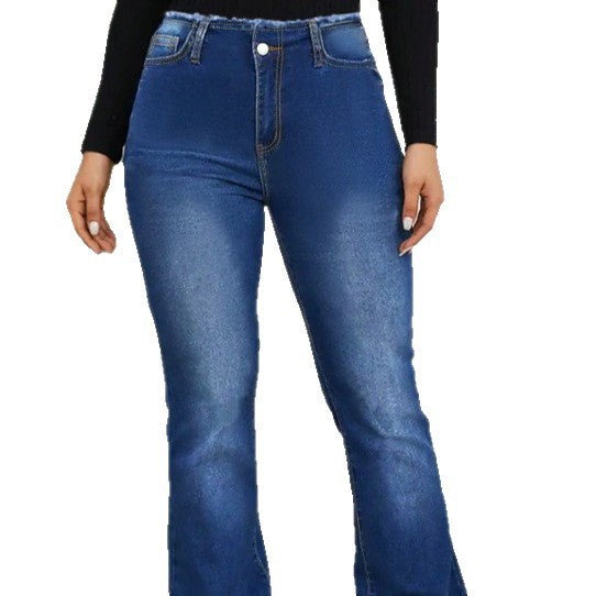 Women's High-Waisted Elastic Jeans with Bootcut and Frayed Hem Mune Fashion