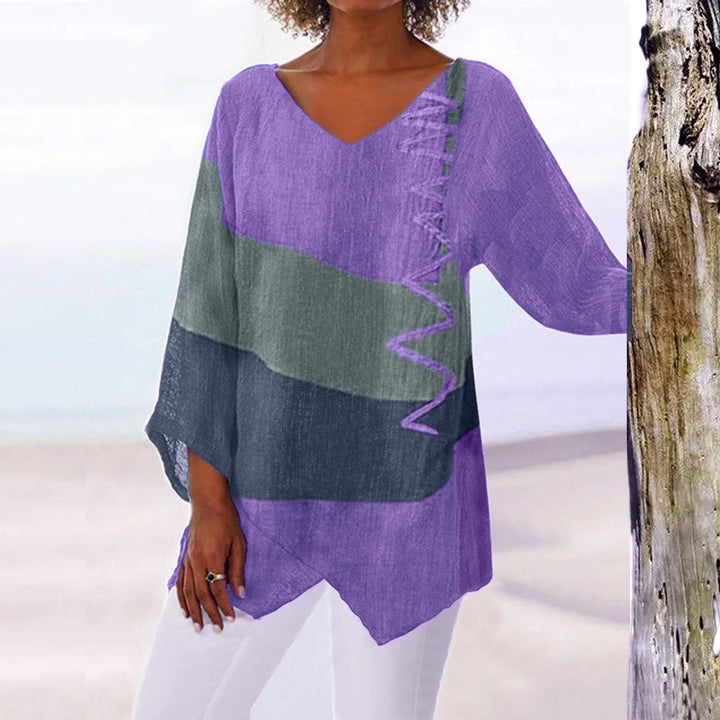 Women Casual A-Line Linen Look Tunic with Color Block Stripes and V-Neck Mune Fashion
