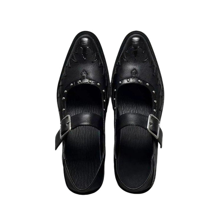 Ladies leather mules with buckle strap, pointed toe shape and studded embellishment Mune Fashion