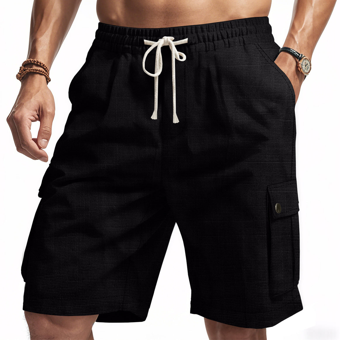 Men's non-utilitarian cargo shorts with elastic waistband, drawstring and patched flap pockets Mune Fashion