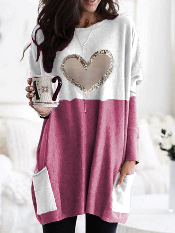 Women's Oversized Long Sweater Tunic with Sequin Heart and Patch Pockets Mune Fashion