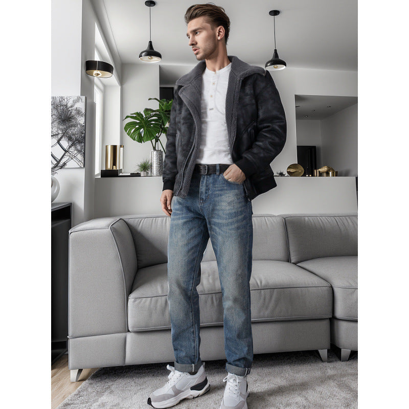 Men's Relaxed-Tapered Vintage Jeans with Used Effect and Cuffed Hem Mune Fashion