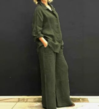 Women's Lightweight Linen Loungewear Set with Oversized Shirt and Wide Palazzo Pants Mune Fashion