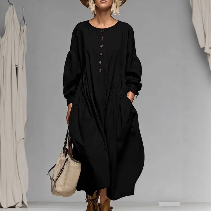 Women's Casual Midi Dress with Button Placket, Balloon Sleeves and Side Pockets Mune Fashion