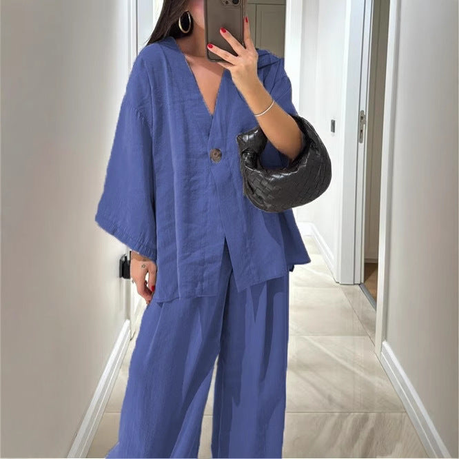 Women's relaxed two-piece linen set with kimono-style oversized jacket and wide palazzo pants Mune Fashion