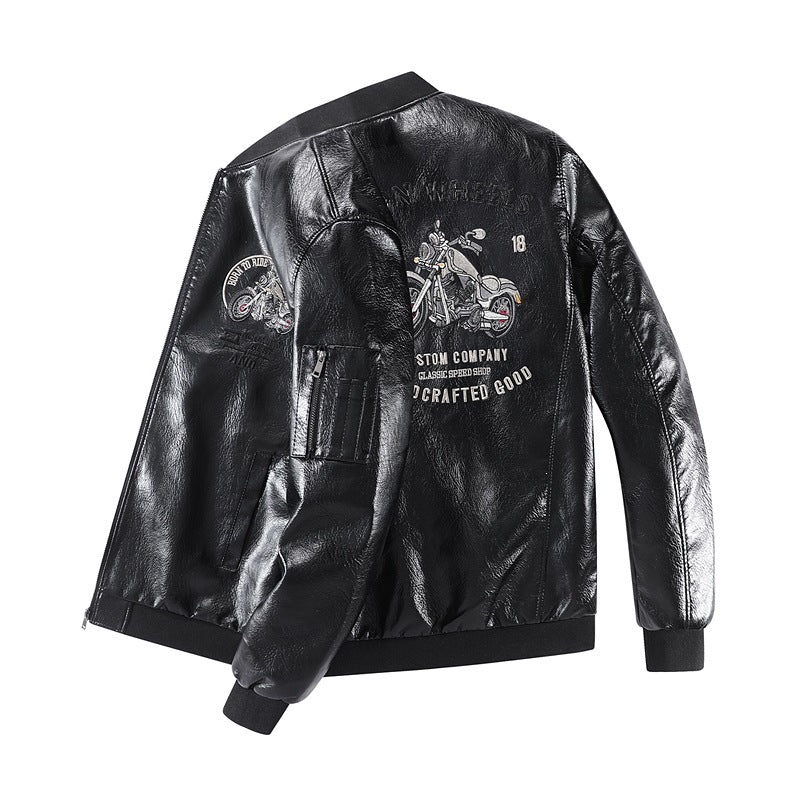 Men's Fashion Faux Leather Bomber Jacket with Detailed Embroidery Mune Fashion