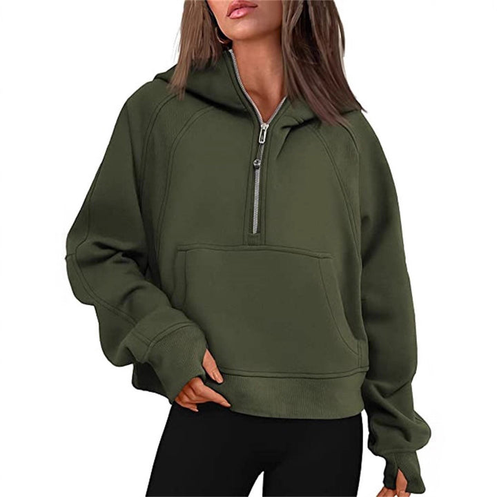 Women's short cut hoodie with half zipper and kangaroo pocket Mune Fashion