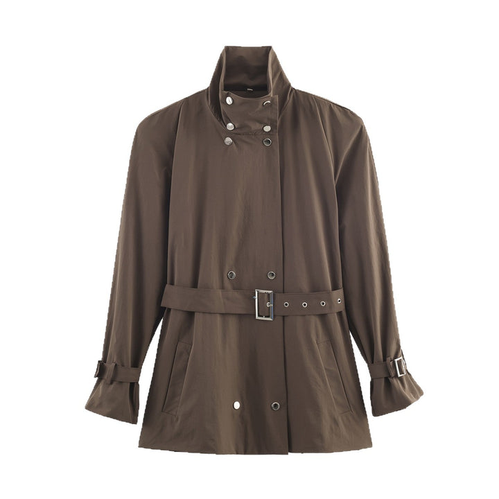 Women's short trench coat with high standing collar, double snap button placket and waist belt Mune Fashion