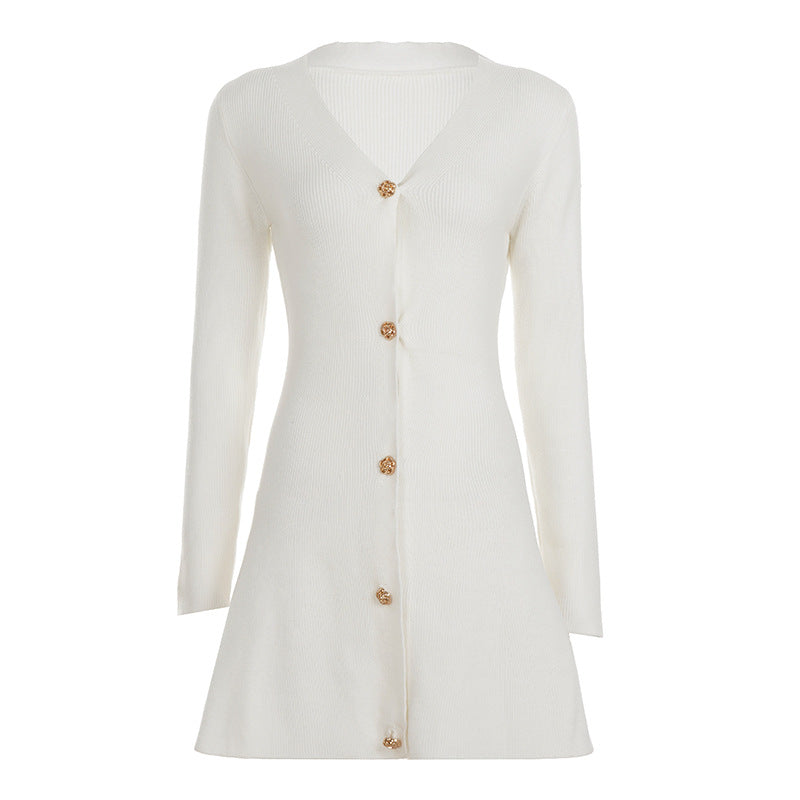 Women tailored knitted dress-cardigan with V-neck and decorative buttons Mune Fashion