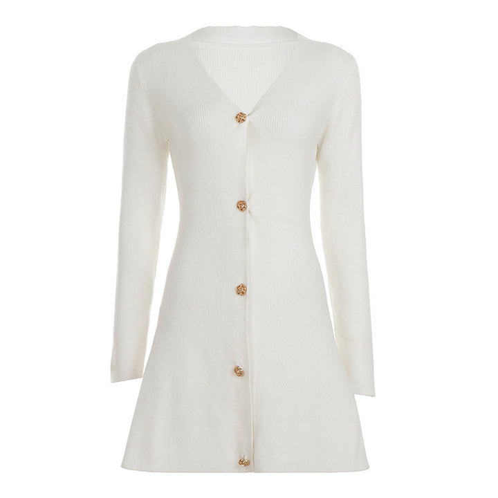 Women tailored knitted dress-cardigan with V-neck and decorative buttons Mune Fashion