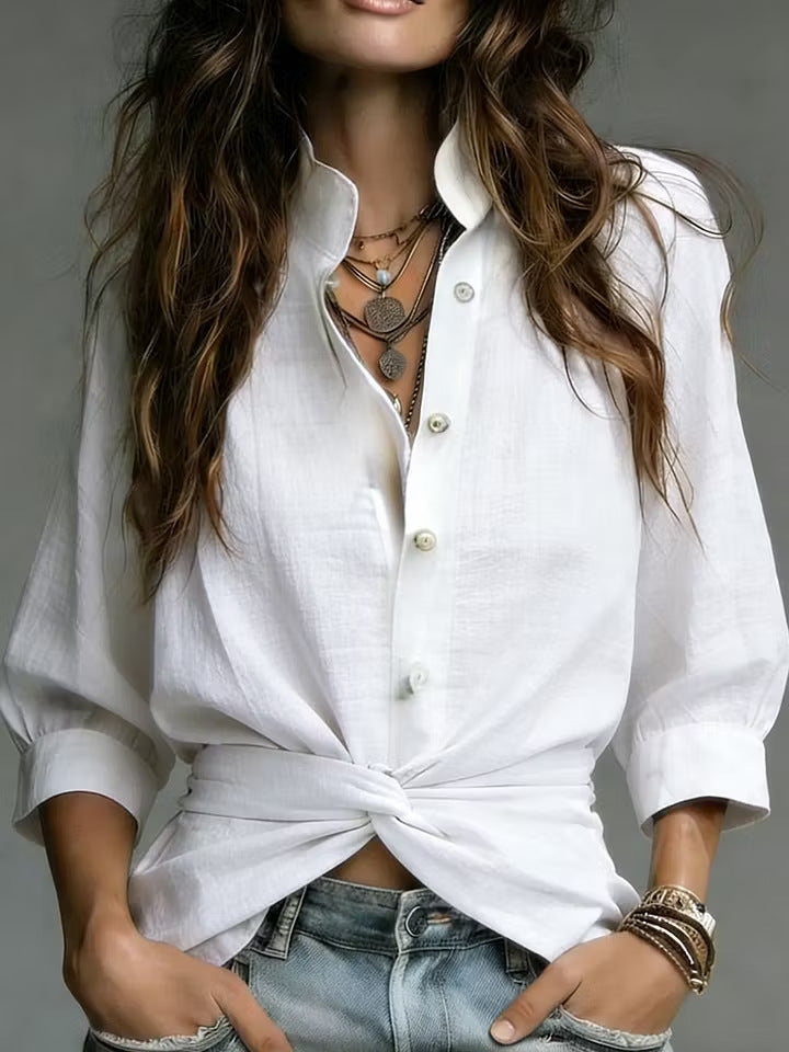 Women's Lightweight Linen Look Shirt Blouse with Knot Front and Three-Quarter Sleeves Mune Fashion