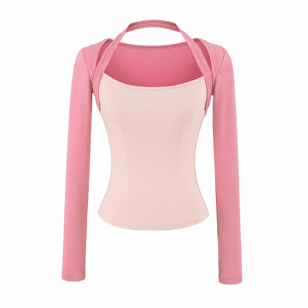 Women Fitted Layering Top with Integrated Bolero Sleeve and Neckholder Detail