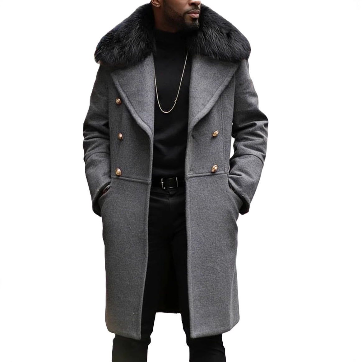 Men's Long Double-Breasted Coat with Voluminous Teddy Collar and Elegant Metal Buttons Mune Fashion