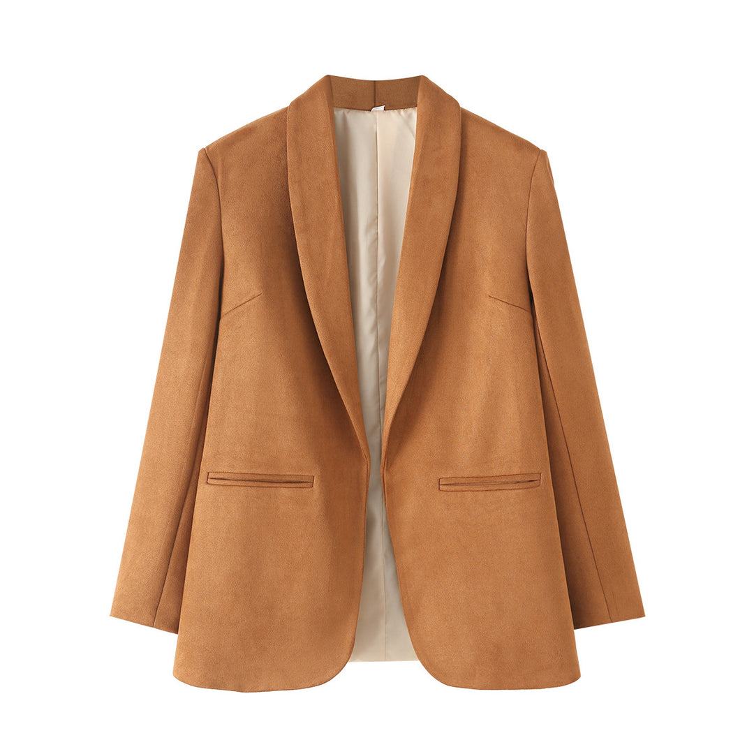 Women's long cut blazer in suede imitation with soft shawl collar and piped welt pockets Mune Fashion