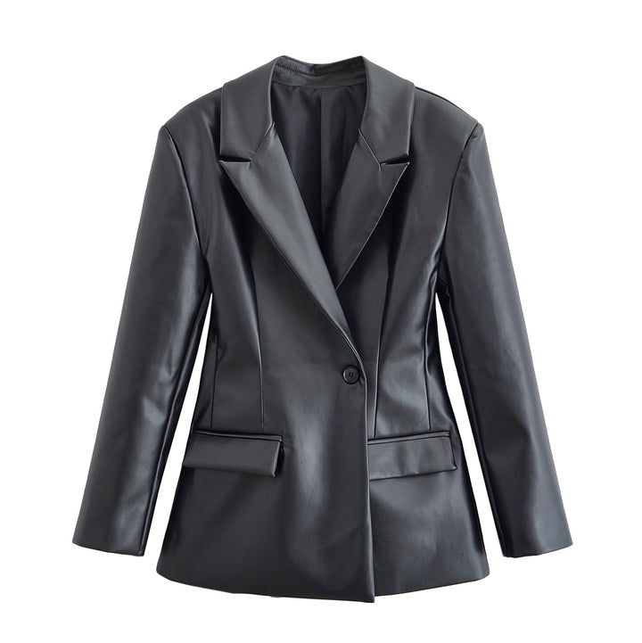 Women's Tailored Longline Faux Leather Blazer with Single Button Closure and Flap Pockets Mune Fashion