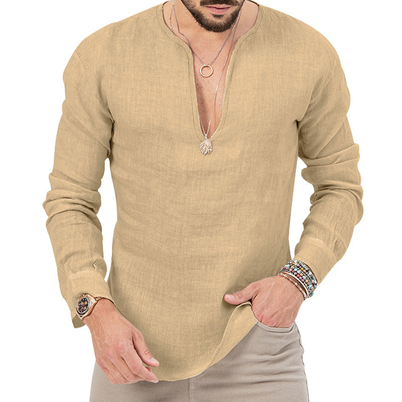 Men's relaxed linen tunic shirt with open slit collar and rounded hem Mune Fashion