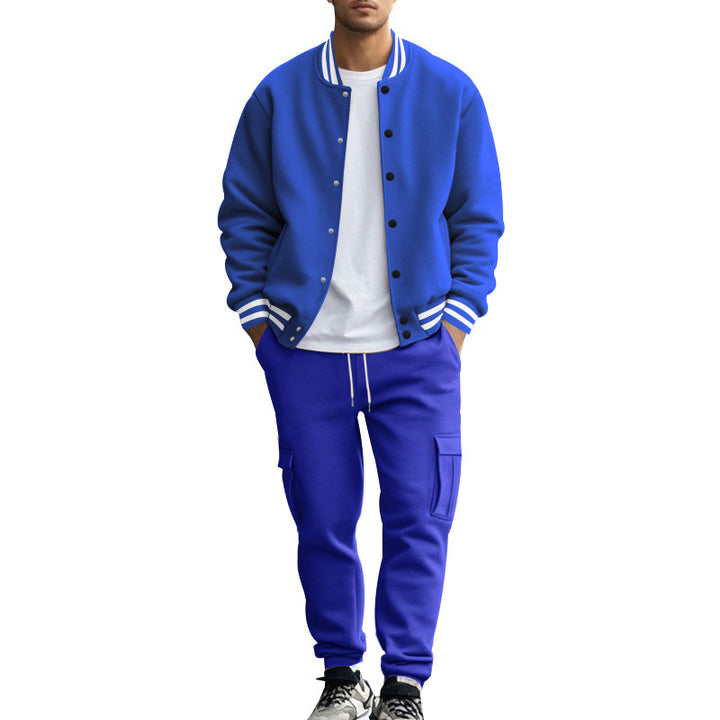 Men's sporty college two-piece made of heavy sweat with ribbed cuffs, snap-button bomber jacket and cargo jogger Mune Fashion