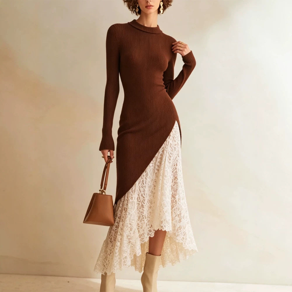 Women Midi dress made of fitted fine knit with asymmetric lace ruffle Mune Fashion