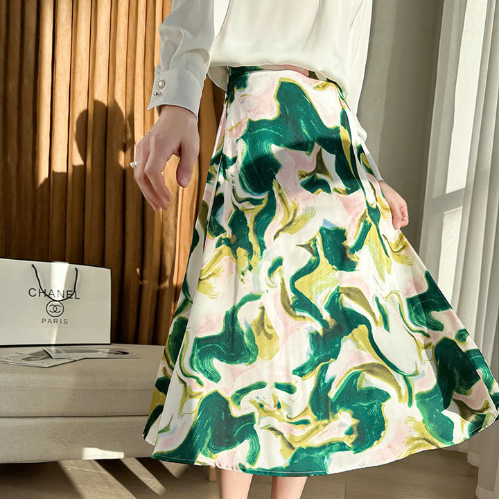 Women's Satin Midi Skirt with Abstract Watercolor Floral Print and High Waist Mune Fashion