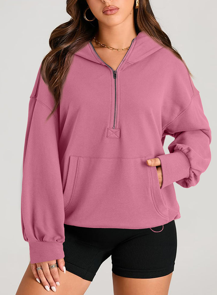 Women's Oversize Half-Zip Hoodie with Drawstring and Kangaroo Pocket Mune Fashion