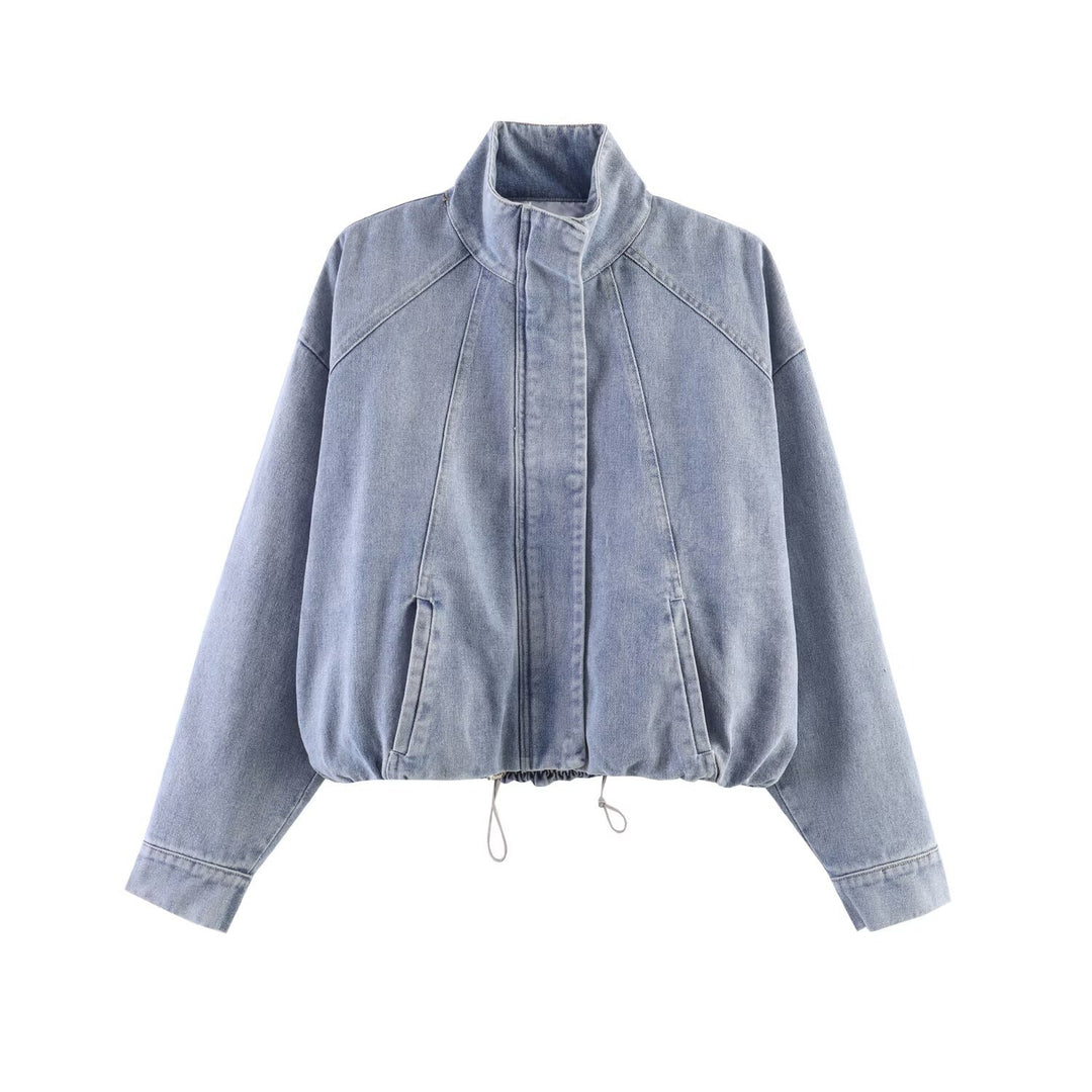 Women's Oversized Jeans Bomber Jacket with Stand Collar and Drawstring Mune Fashion