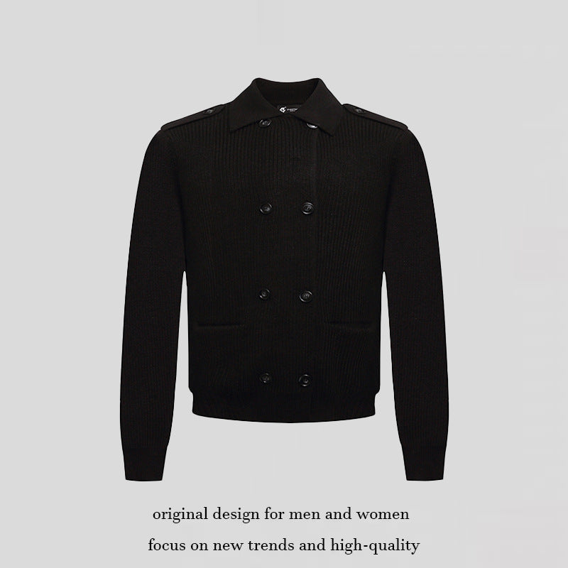 Men's knit double-breasted cardigan with collar, shoulder tabs, and welt pockets Mune Fashion