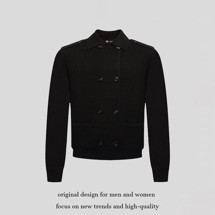 Men's knit double-breasted cardigan with collar, shoulder tabs, and welt pockets Mune Fashion