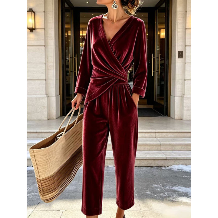 Women's velvet jumpsuit with wrap top, tailored draping, and wide ankle-length leg Mune Fashion