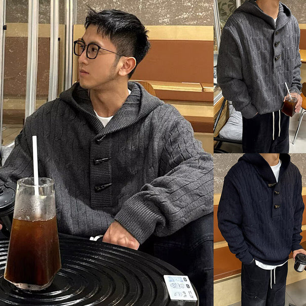 Men's chunky knit pullover with hood and button closure Mune Fashion