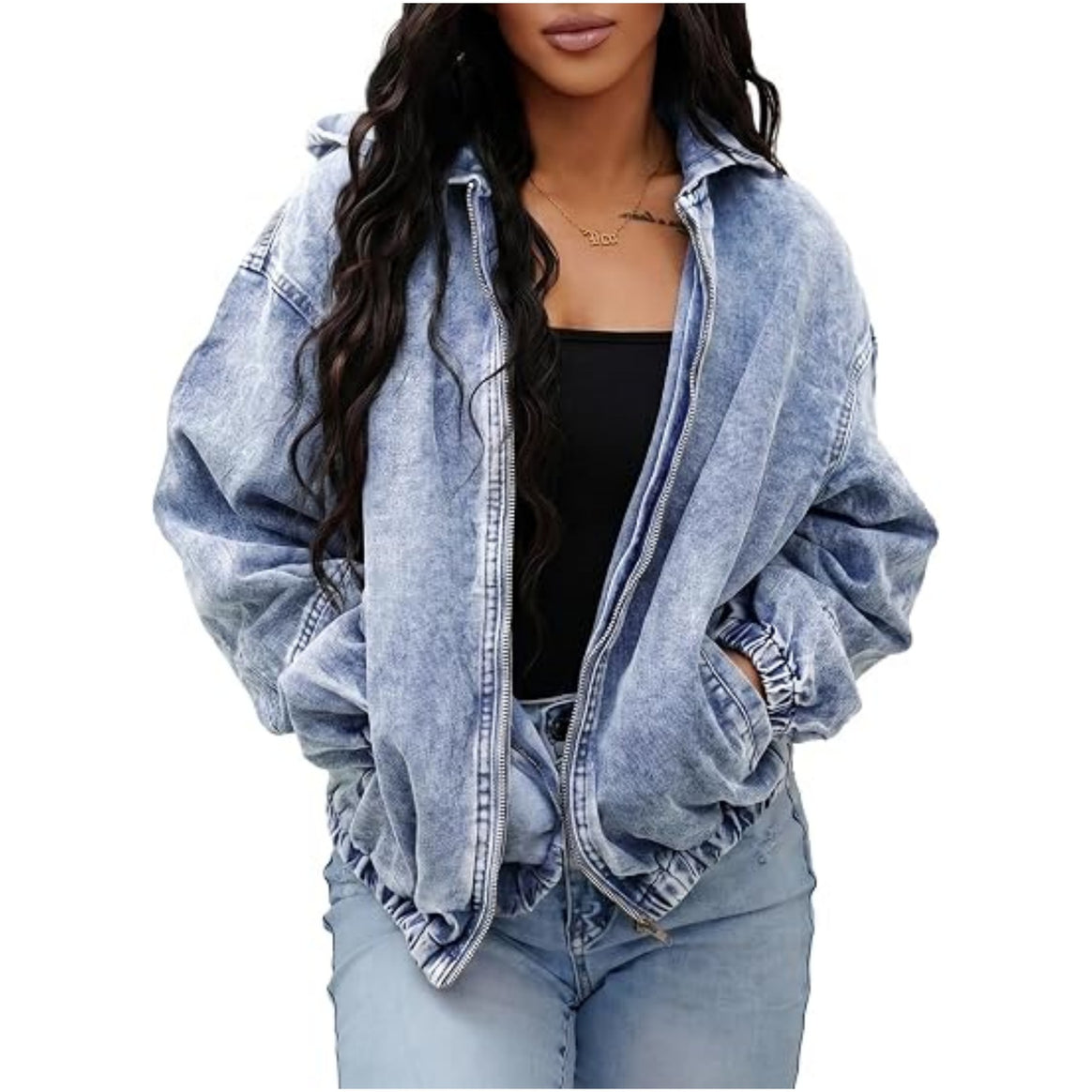 Women's Oversized Denim Jacket with Hood, Zipper and Ruched Hem Mune Fashion