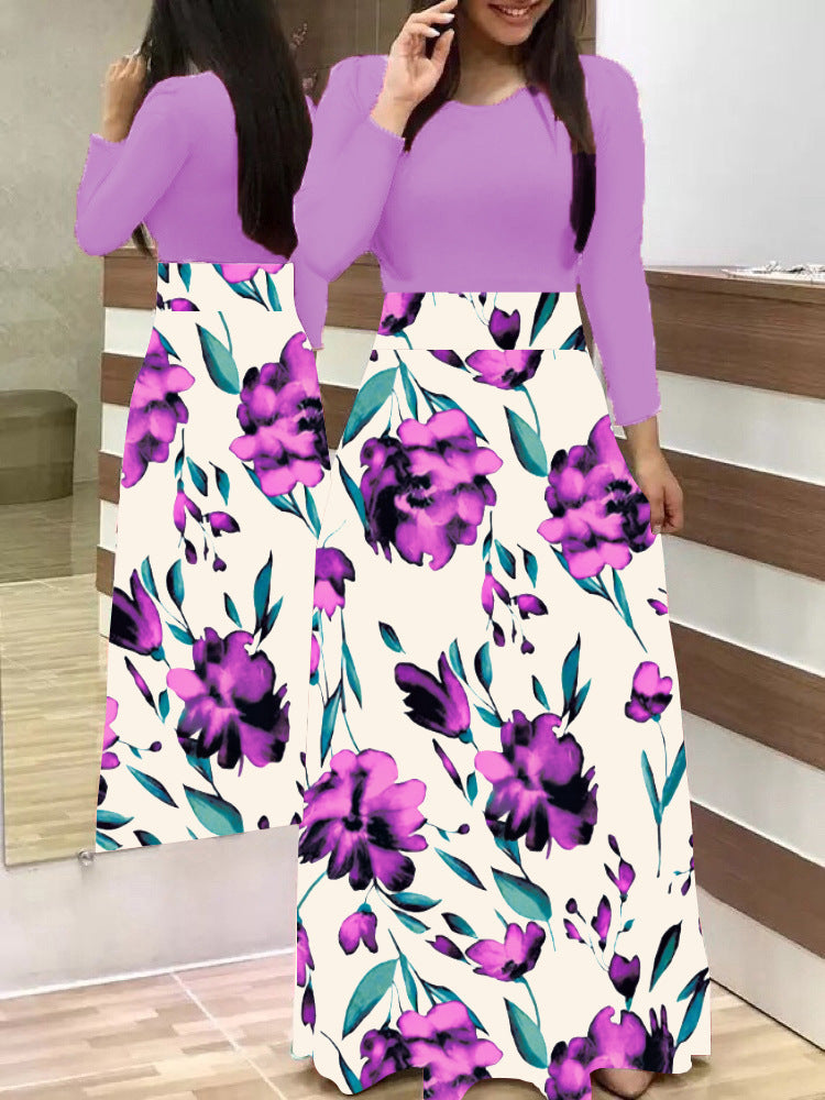 Women's two-piece look maxi dress with fitted jersey top and wide floral skirt Mune Fashion