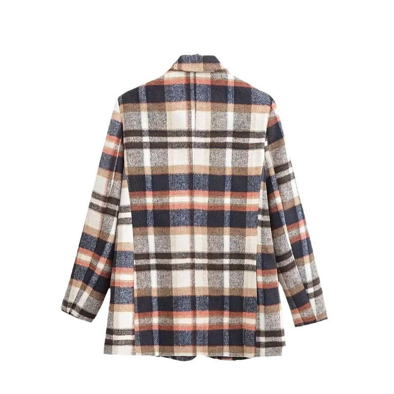 Women's Checked Wool Blend Single-Breasted Blazer with Notch Lapel and Flap Pockets Mune Fashion