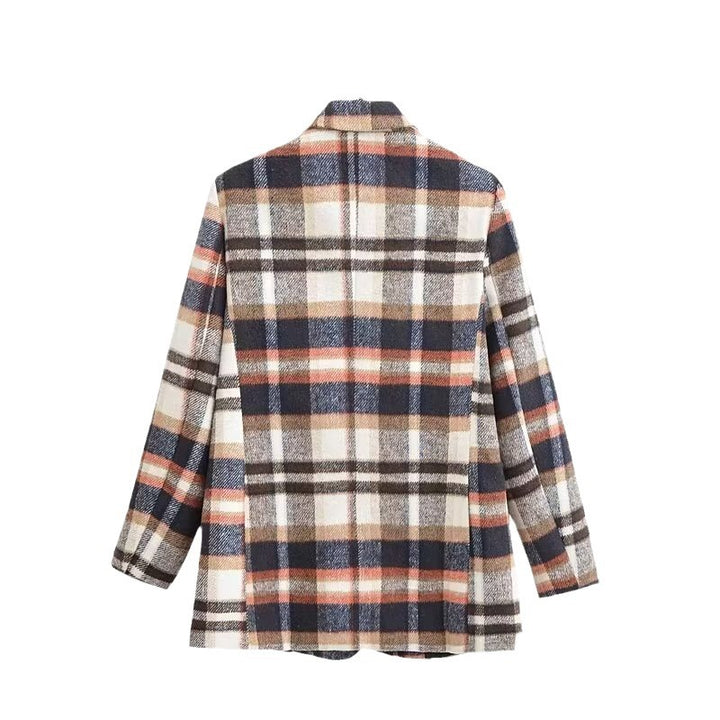 Women's Checked Wool Blend Single-Breasted Blazer with Notch Lapel and Flap Pockets Mune Fashion