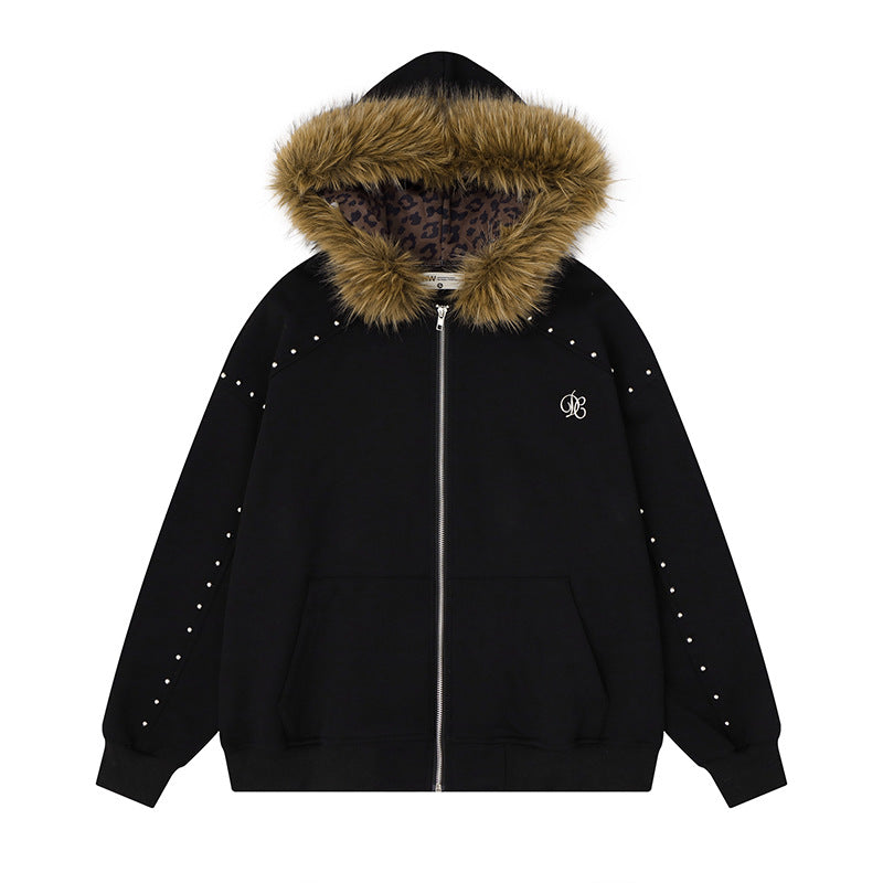 Women's hooded sweat jacket with faux fur trim, leopard lining and decorative studs Mune Fashion