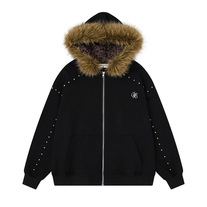 Women's hooded sweat jacket with faux fur trim, leopard lining and decorative studs Mune Fashion