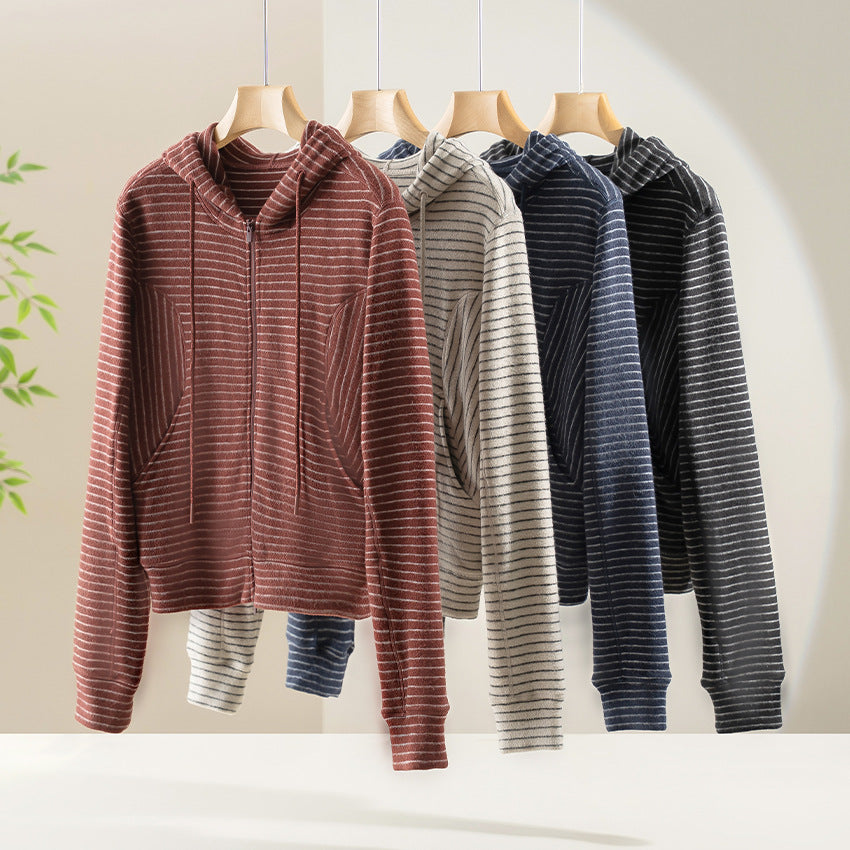 Women's Knitted Zip-Up Hoodie with Fine Stripe Pattern Mune Fashion