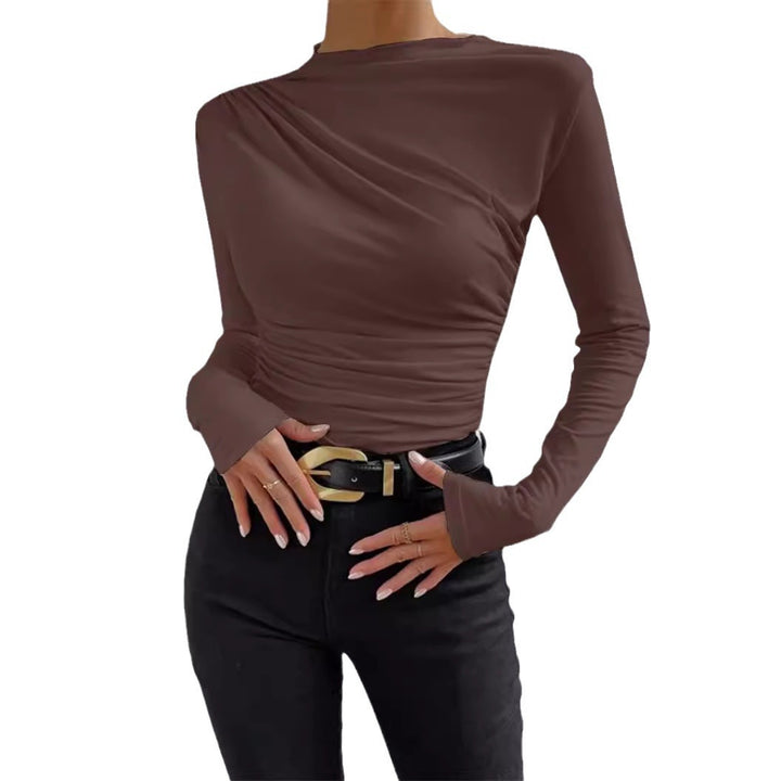 Women's fitted long-sleeve shirt with asymmetrical gathering at the front and boat neck Mune Fashion