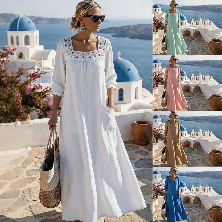 Ladies max dress with elegant round neckline and practical pockets Mune Fashion