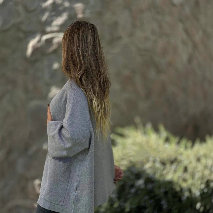 Women's Oversize Cape Cardigan with Stand-Up Collar, Patch Pockets, and Decorative Buttons Mune Fashion