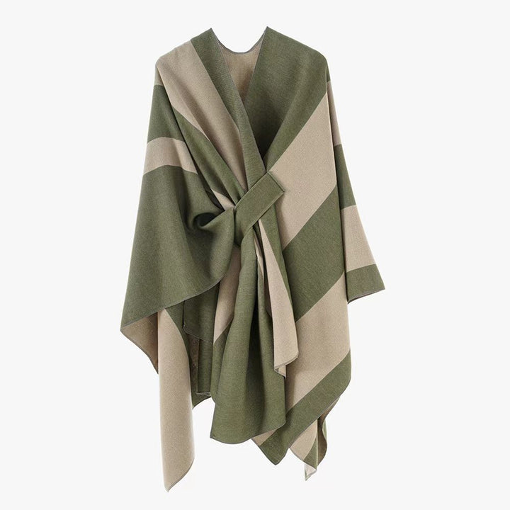 Women's Oversize Cape with Block Stripes and Tied Belt Mune Fashion