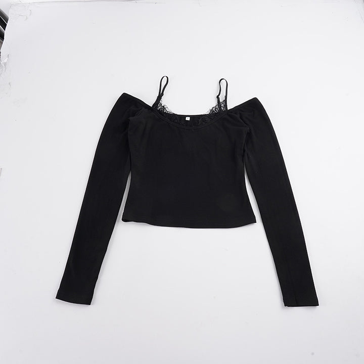 Women Off-Shoulder Long Sleeve Cami with Delicate Lace Lining and Adjustable Spaghetti Straps Mune Fashion