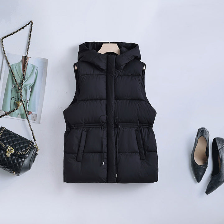 Ladies padded hooded vest with adjustable waist drawstring and windproof thermal lining Mune Fashion