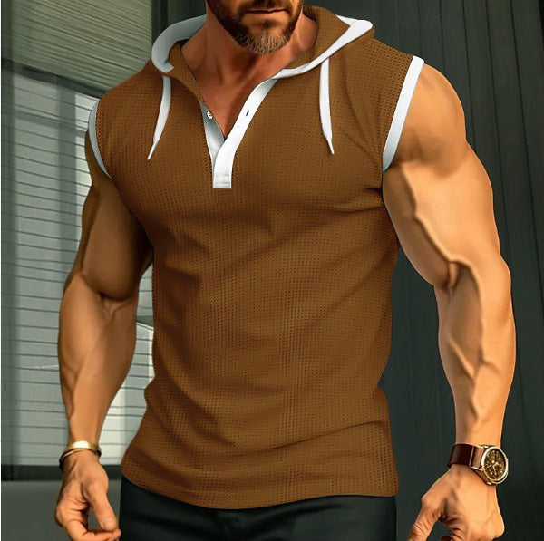 Men's sleeveless hooded sports shirt with mesh structure and V-neck Mune Fashion