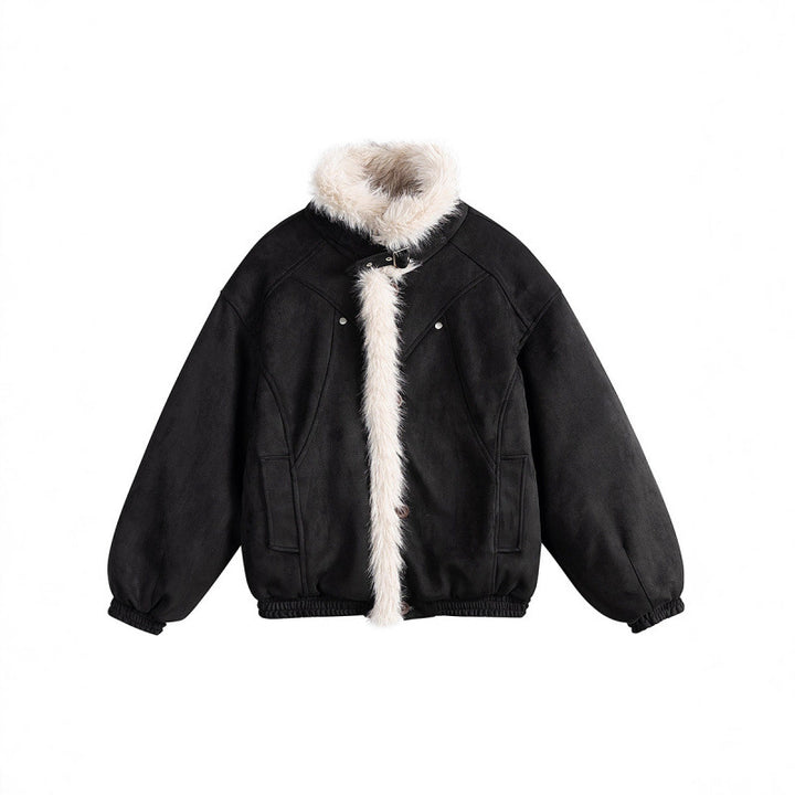 Women's short-cut bomber jacket in lambskin look with high stand-up collar and faux fur trim Mune Fashion