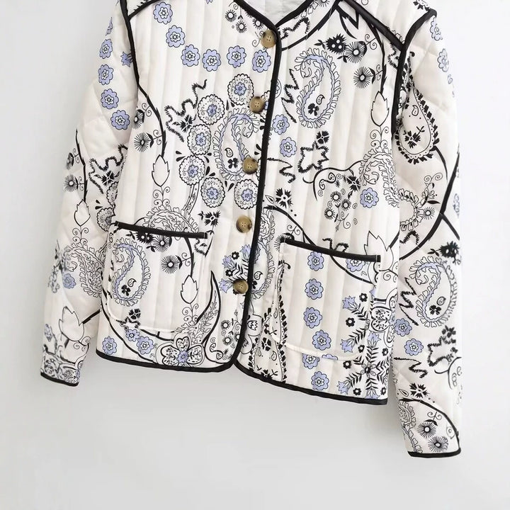 Women's Quilted Short Jacket with Paisley Flower Print, Round Neckline and Contrast Piping Mune Fashion